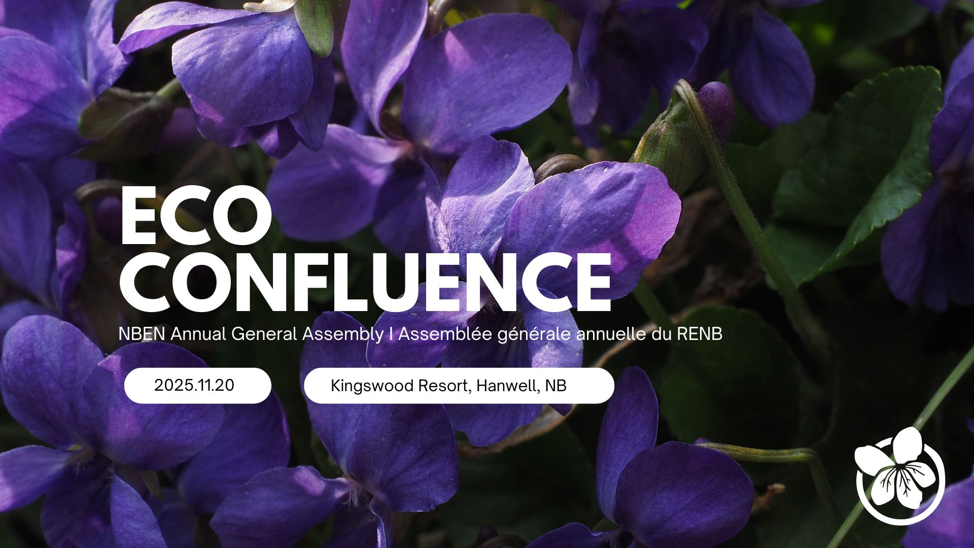 A photo of violets with text in white reading Eco-Confluence, Annual General Assembly, Assemblée générale annuelle, 2025.11.20, Kingswood Resort, Hanwell, NB